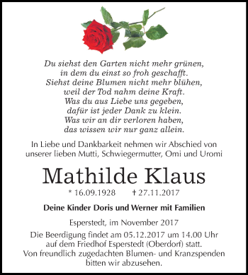 Traueranzeige von Mathilde Klaus von Mitteldeutsche Zeitung Merseburg/Querfurt