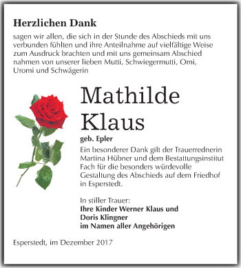 Traueranzeige von Mathilde Klaus von Mitteldeutsche Zeitung Merseburg/Querfurt