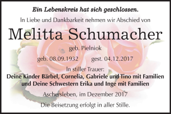 Traueranzeige von Melitta Schumacher von Mitteldeutsche Zeitung Aschersleben