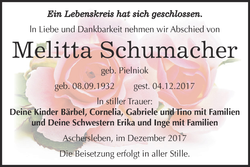  Traueranzeige für Melitta Schumacher vom 09.12.2017 aus Super Sonntag Aschersleben