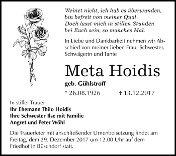 Traueranzeige von Meta Hoidis von Mitteldeutsche Zeitung Halle/Saalkreis