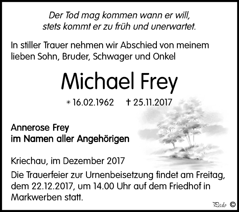  Traueranzeige für Michael Frey vom 16.12.2017 aus Mitteldeutsche Zeitung Weißenfels