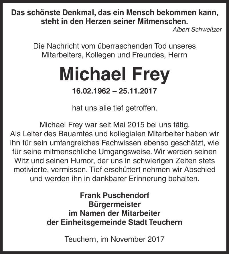  Traueranzeige für Michael Frey vom 06.12.2017 aus WVG - Wochenspiegel NMB / WSF / ZTZ