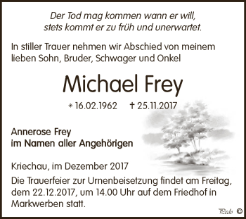 Traueranzeige von Michael Frey von WVG - Wochenspiegel NMB / WSF / ZTZ