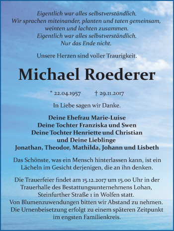 Traueranzeige von Michael Roederer von Mitteldeutsche Zeitung Bitterfeld