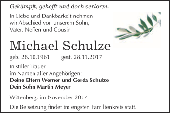 Traueranzeige von Michael Schulze von WVG - Wochenspiegel Wittenberg