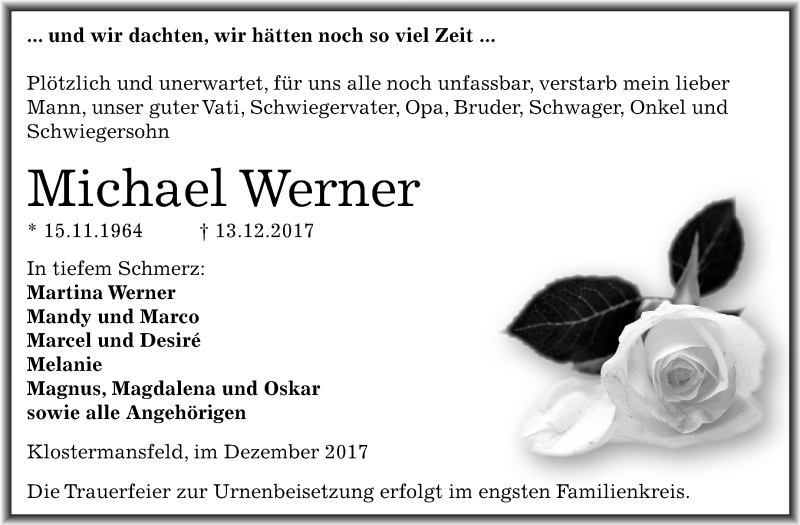  Traueranzeige für Michael Werner vom 23.12.2017 aus Mitteldeutsche Zeitung