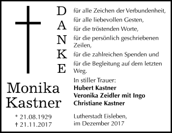 Traueranzeige von Monika Kastner von Mitteldeutsche Zeitung