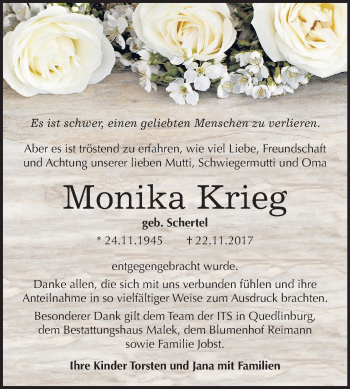 Traueranzeige von Monika Krieg von Mitteldeutsche Zeitung