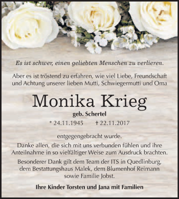Traueranzeige von Monika Krieg von WVG - Wochenspiegel Quedlinburg