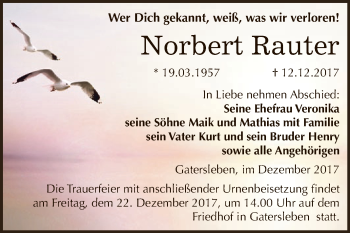 Traueranzeige von Norbert Rauter von Super Sonntag Aschersleben