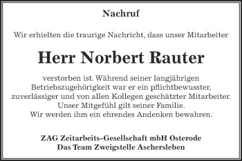 Traueranzeige von Norbert Rauter von Super Sonntag Aschersleben