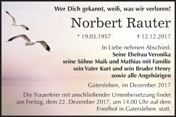 Traueranzeige von Norbert Rauter von Mitteldeutsche Zeitung Aschersleben