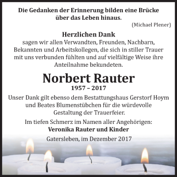 Traueranzeige von Norbert Rauter von Mitteldeutsche Zeitung Aschersleben