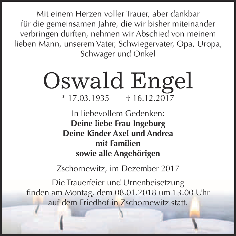  Traueranzeige für Oswald Engel vom 23.12.2017 aus WVG - Wochenspiegel Wittenberg