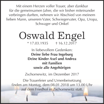 Traueranzeige von Oswald Engel von WVG - Wochenspiegel Wittenberg