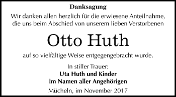 Traueranzeige von Otto Huth von Mitteldeutsche Zeitung Merseburg/Querfurt