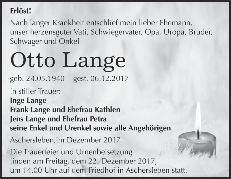  Traueranzeige für Otto Lange vom 13.12.2017 aus Super Sonntag Aschersleben