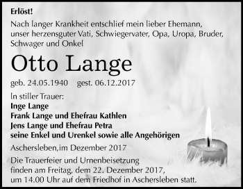 Traueranzeige von Otto Lange von Mitteldeutsche Zeitung Aschersleben