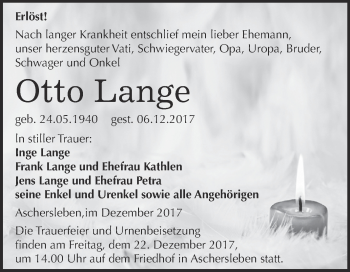 Traueranzeige von Otto Lange von Super Sonntag Aschersleben