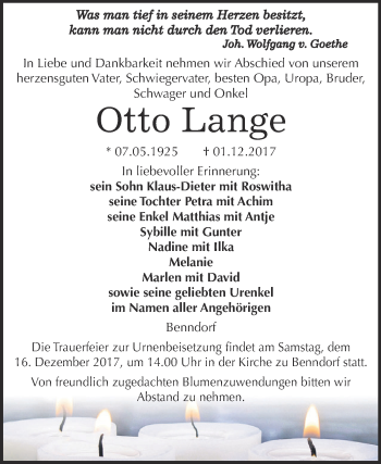 Traueranzeige von Otto Lange von WVG - Wochenspiegel NMB / WSF / ZTZ