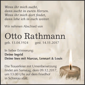Traueranzeige von Otto Rathmann von WVG - Wochenspiegel Bitterfeld