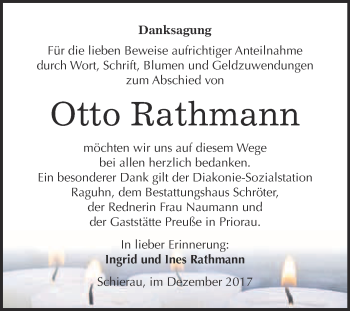 Traueranzeige von Otto Rathmann von WVG - Wochenspiegel Bitterfeld