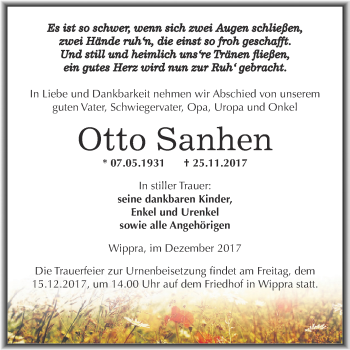 Traueranzeige von Otto Sanhen von Wochenspiegel Mansfelder Land