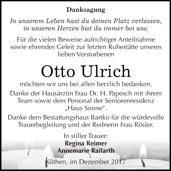 Traueranzeige von Otto Ulrich von WVG - Wochenspiegel Dessau / Köthen