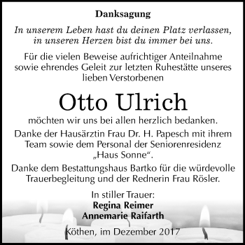 Traueranzeige von Otto Ulrich von Mitteldeutsche Zeitung Köthen