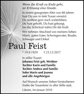 Traueranzeige von Paul Feist von Mitteldeutsche Zeitung Weißenfels