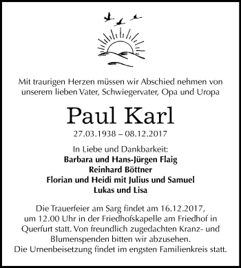 Traueranzeige von Paul Karl von Mitteldeutsche Zeitung Merseburg/Querfurt