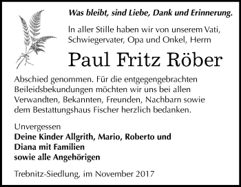 Traueranzeige von Paul Fritz Röber von Mitteldeutsche Zeitung Zeitz