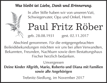 Traueranzeige von Paul Fritz Röber von Super Sonntag Zeitz