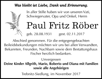 Traueranzeige von Paul Fritz Röber von Mitteldeutsche Zeitung Weißenfels