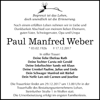 Traueranzeige von Paul Manfred Weber von Mitteldeutsche Zeitung Bitterfeld