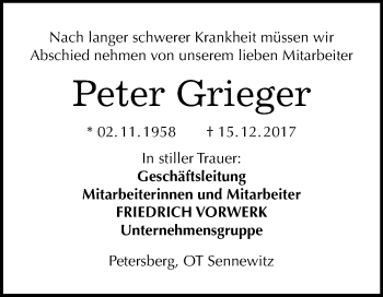 Traueranzeige von Peter Grieger von Mitteldeutsche Zeitung
