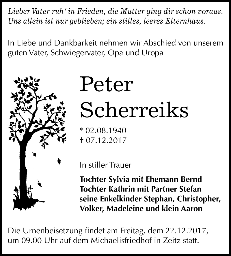  Traueranzeige für Peter Scherreiks vom 16.12.2017 aus Mitteldeutsche Zeitung Zeitz