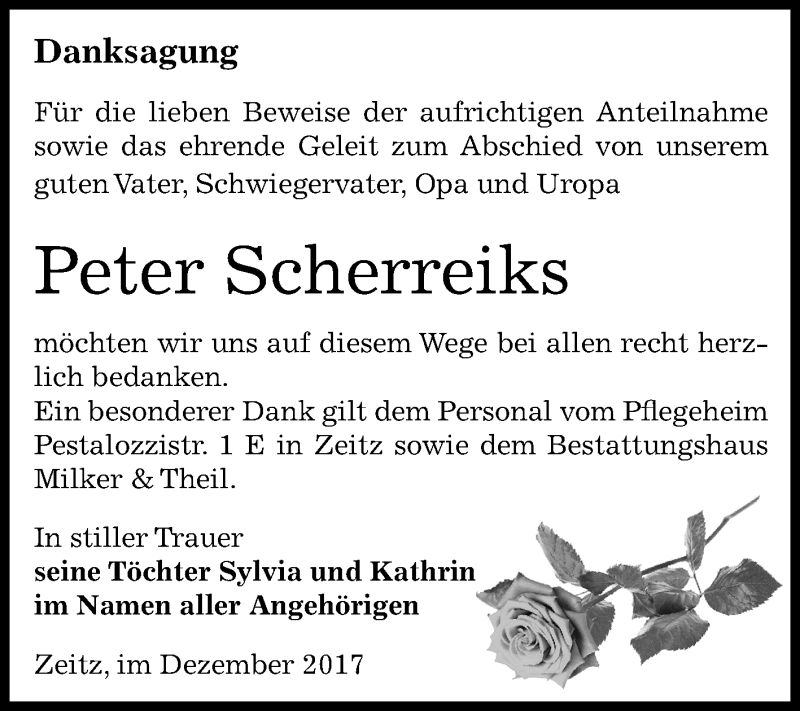  Traueranzeige für Peter Scherreiks vom 30.12.2017 aus Mitteldeutsche Zeitung Zeitz