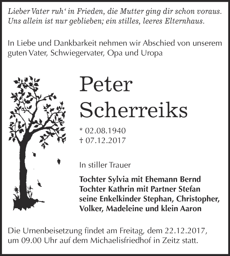  Traueranzeige für Peter Scherreiks vom 16.12.2017 aus Super Sonntag Zeitz