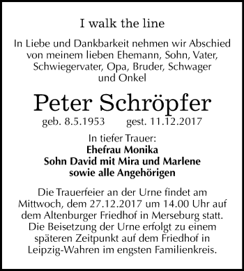 Traueranzeige von Peter Schröpfer von Mitteldeutsche Zeitung Merseburg/Querfurt