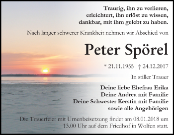 Traueranzeige von Peter Spörel von Mitteldeutsche Zeitung Bitterfeld