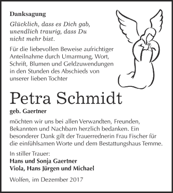 Traueranzeige von Petra Schmidt von WVG - Wochenspiegel Bitterfeld