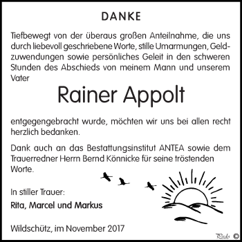 Traueranzeige von Rainer Appolt von WVG - Wochenspiegel NMB / WSF / ZTZ