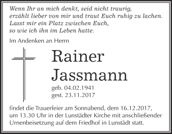 Traueranzeige von Rainer Jassmann von WVG - Wochenspiegel Merseburg