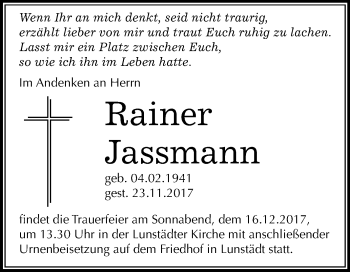 Traueranzeige von Rainer Jassmann von Mitteldeutsche Zeitung Merseburg/Querfurt