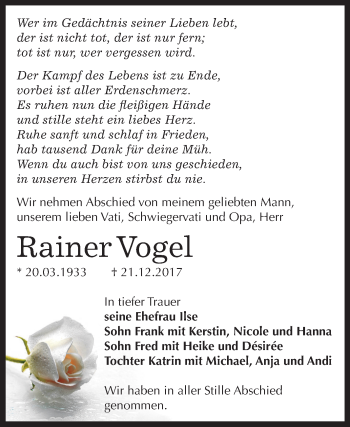 Traueranzeige von Rainer Vogel von Mitteldeutsche Zeitung Zeitz
