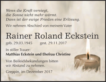 Traueranzeige von Rainer Roland Eckstein von WVG - Wochenspiegel Bitterfeld