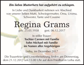 Traueranzeige von Regina Grams von WVG - Wochenspiegel Merseburg