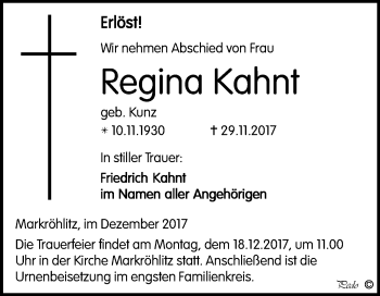 Traueranzeige von Regina Kahnt von Mitteldeutsche Zeitung Weißenfels